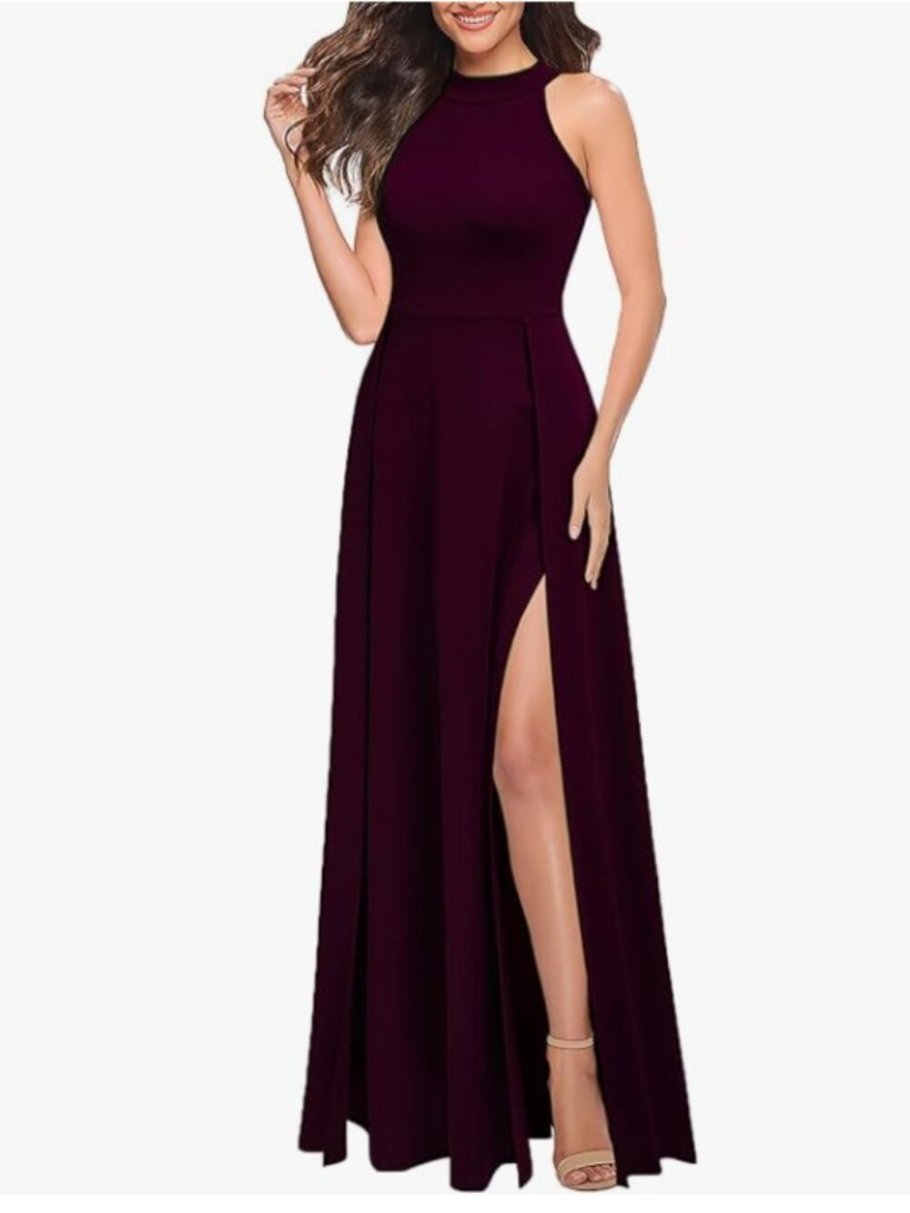 Elegant Burgundy Halter Neck, Bodycon, sleeveless maxi dress, Split, high waist